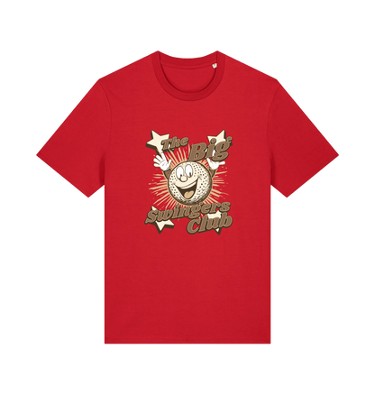 red graphic t-shirt with 'the big swingers club' and the graphic of a cartoon golf ball