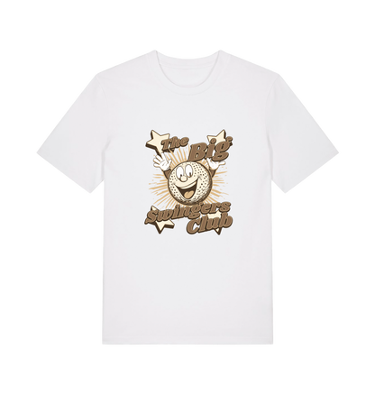 white graphic t-shirt with 'the big swingers club' and the graphic of a cartoon golf ball