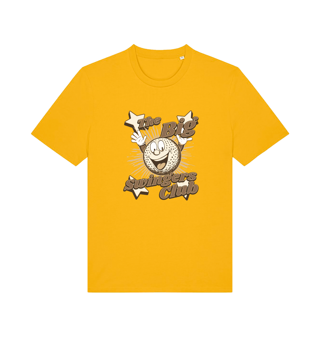 yellow graphic t-shirt with 'the big swingers club' and the graphic of a cartoon golf ball