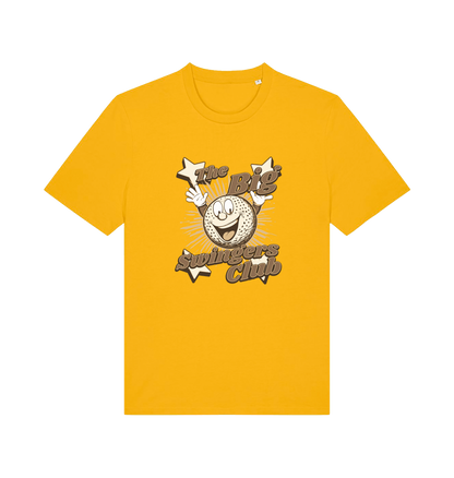yellow graphic t-shirt with 'the big swingers club' and the graphic of a cartoon golf ball