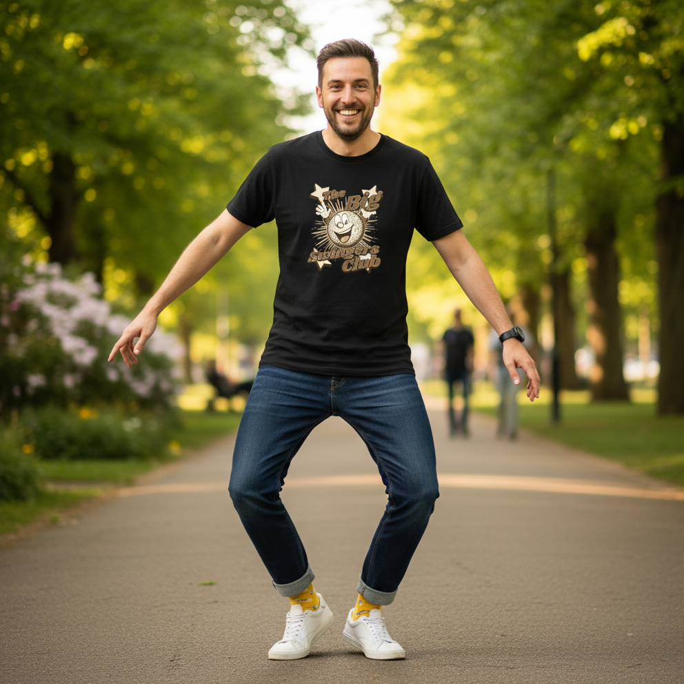 Man in a black t-shirt and jeans standing on a path in a park