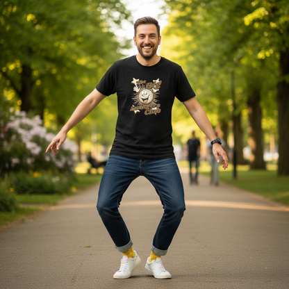 Man in a black t-shirt and jeans standing on a path in a park