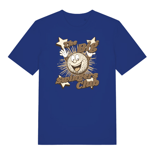 blue graphic t-shirt with the graphic of a gold ball with a smiley face and the slogan 'the big swingers club'