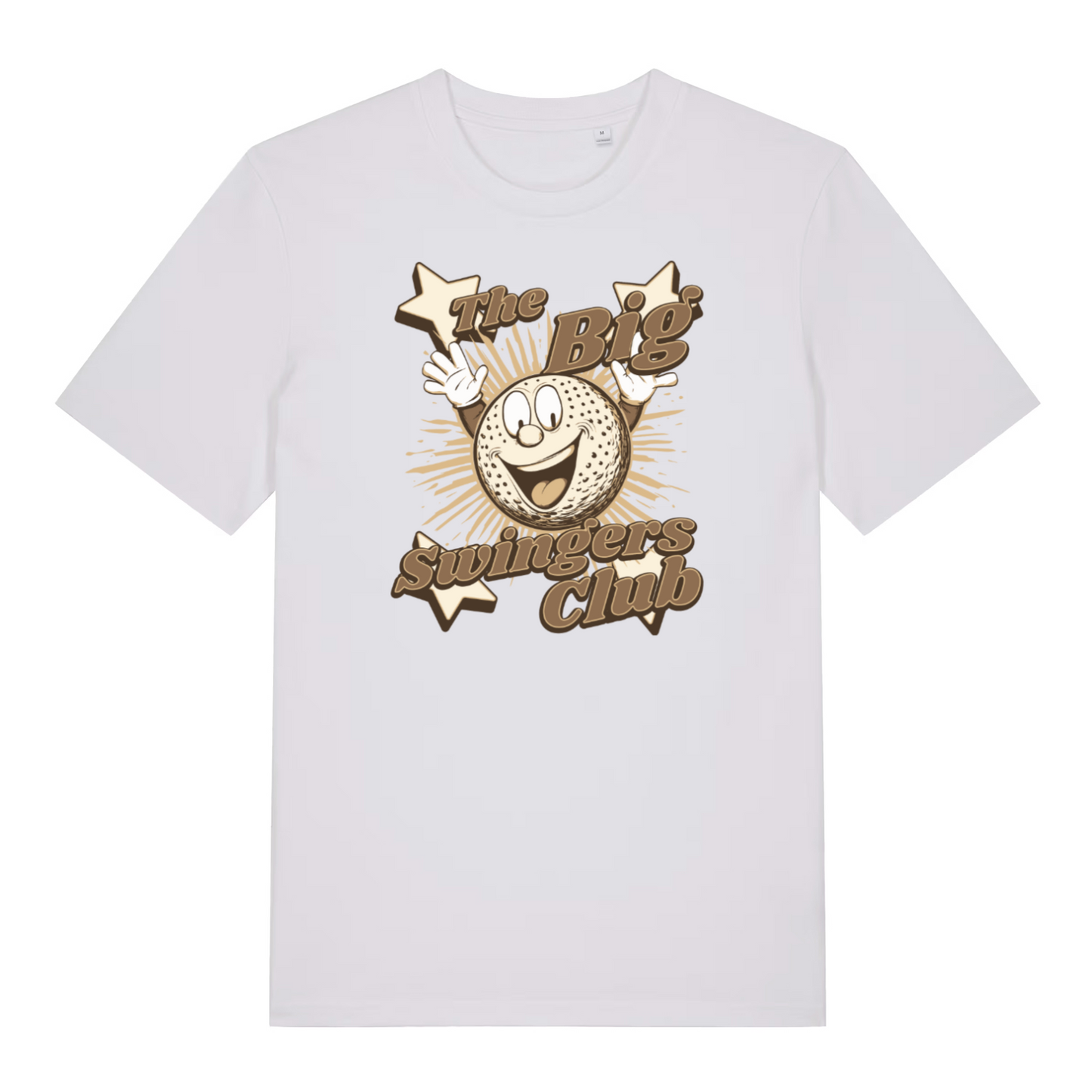 white graphic t-shirt with the graphic of a gold ball with a smiley face and the slogan 'the big swingers club'