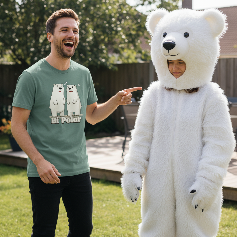 Man wearing a t-shirt with the graphic design of a polar bear whilst pointing at a person in a polar bear costume outdoors