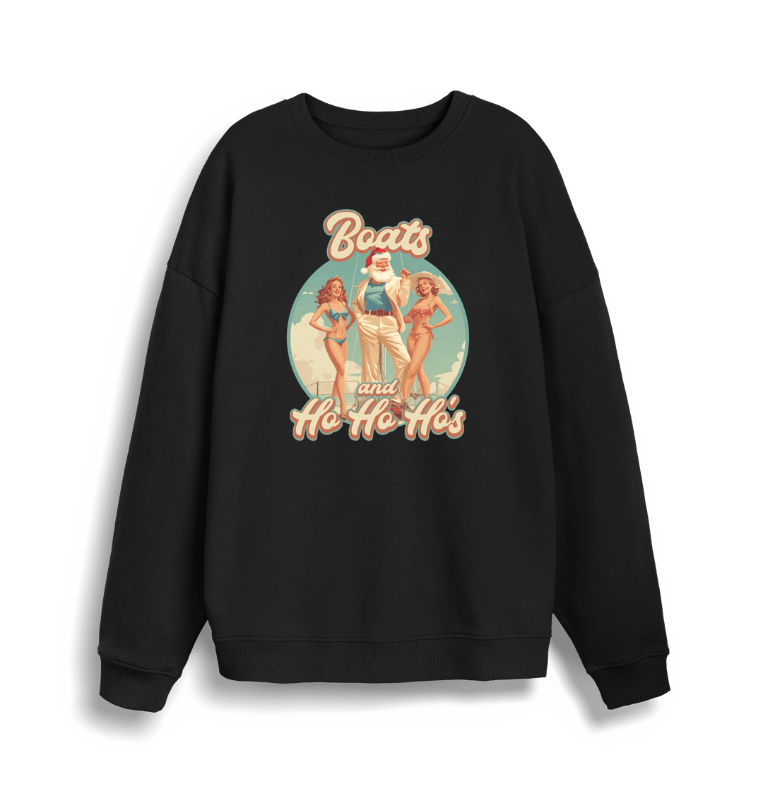 black christmas sweater with the graphic of santa stood between two women and the slogan 'boats and ho ho ho's'