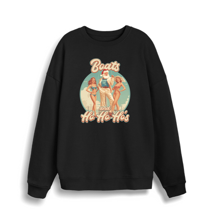 black christmas sweater with the graphic of santa stood between two women and the slogan 'boats and ho ho ho's'