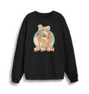 black christmas sweater with the graphic of santa stood between two women and the slogan 'boats and ho ho ho's'