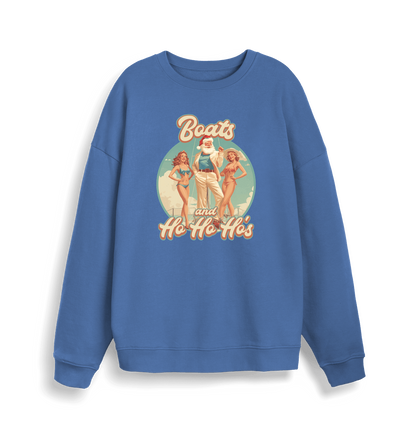 blue christmas sweater with the graphic of santa stood between two women and the slogan 'boats and ho ho ho's'