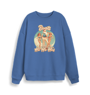 blue christmas sweater with the graphic of santa stood between two women and the slogan 'boats and ho ho ho's'