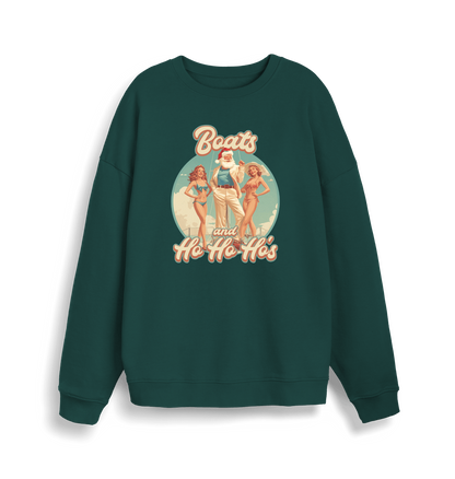 green christmas sweater with the graphic of santa stood between two women and the slogan 'boats and ho ho ho's'