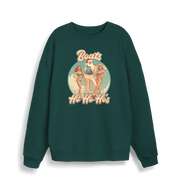 green christmas sweater with the graphic of santa stood between two women and the slogan 'boats and ho ho ho's'