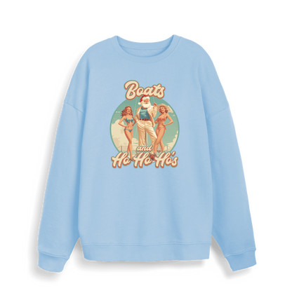 light blue christmas sweater with the graphic of santa stood between two women and the slogan 'boats and ho ho ho's'