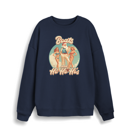 navy christmas sweater with the graphic of santa stood between two women and the slogan 'boats and ho ho ho's'