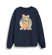 navy christmas sweater with the graphic of santa stood between two women and the slogan 'boats and ho ho ho's'
