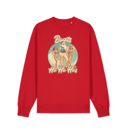 red christmas sweater with the graphic of santa stood between two women and the slogan 'boats and ho ho ho's'