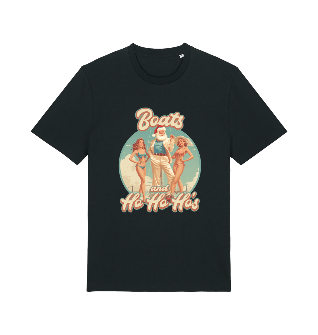 black christmas t-shirt with the graphic of santa stood between two women and the slogan 'oats and ho ho ho's'