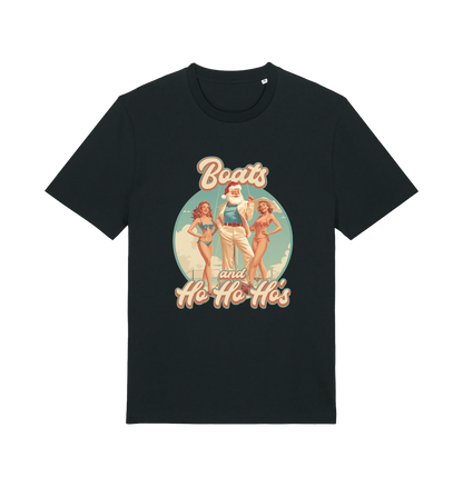 black christmas t-shirt with the graphic of santa stood between two women and the slogan 'oats and ho ho ho's'