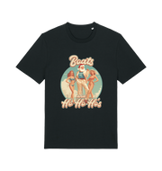 black christmas t-shirt with the graphic of santa stood between two women and the slogan 'oats and ho ho ho's'