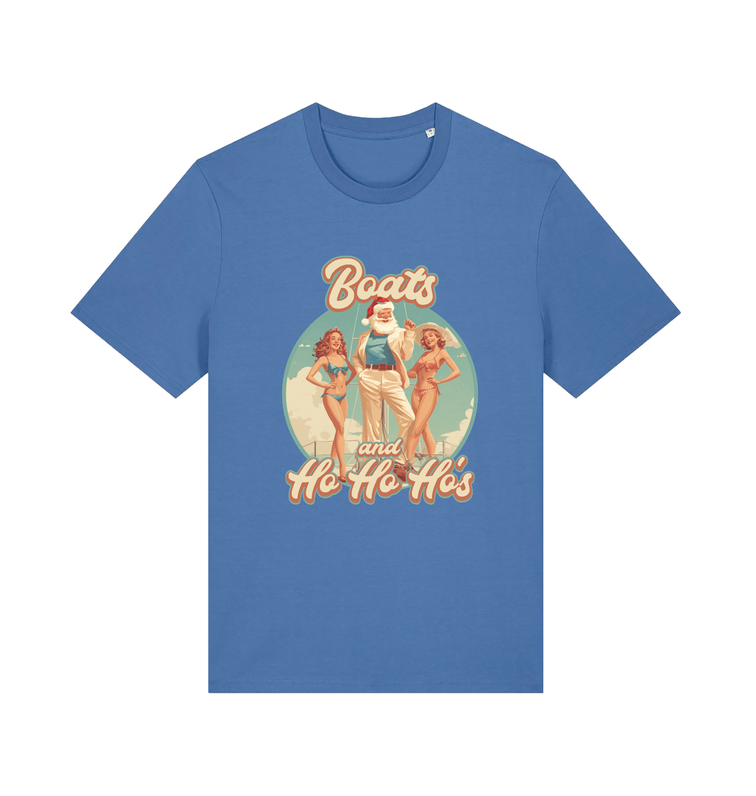 blue christmas t-shirt with the graphic of santa stood between two women and the slogan 'oats and ho ho ho's'