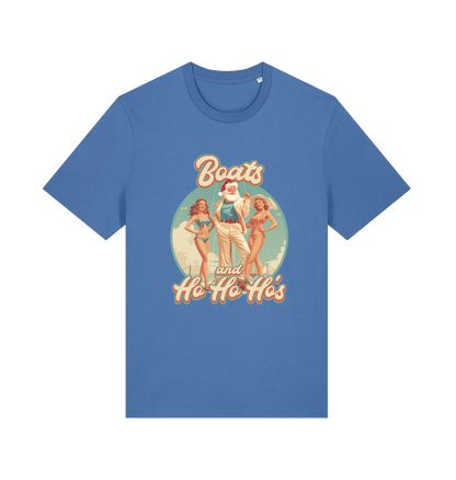blue christmas t-shirt with the graphic of santa stood between two women and the slogan 'oats and ho ho ho's'