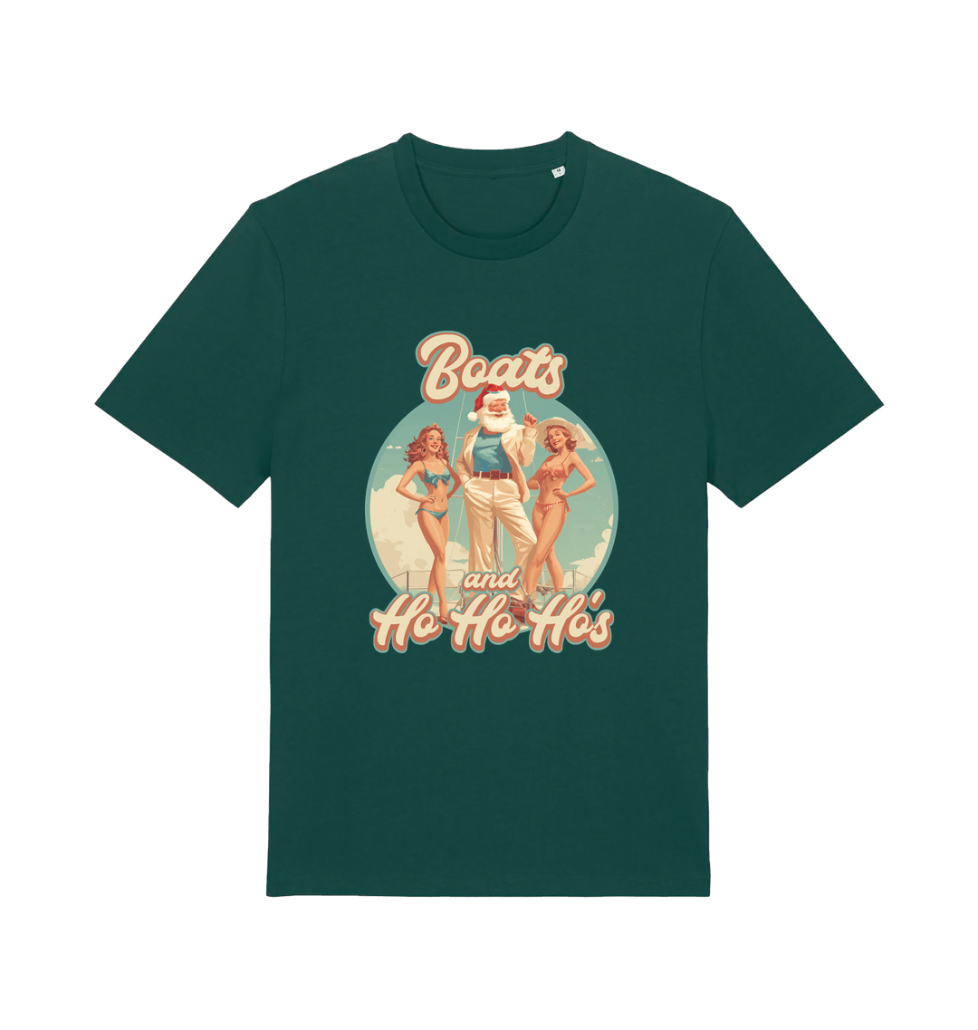 green christmas t-shirt with the graphic of santa stood between two women and the slogan 'oats and ho ho ho's'
