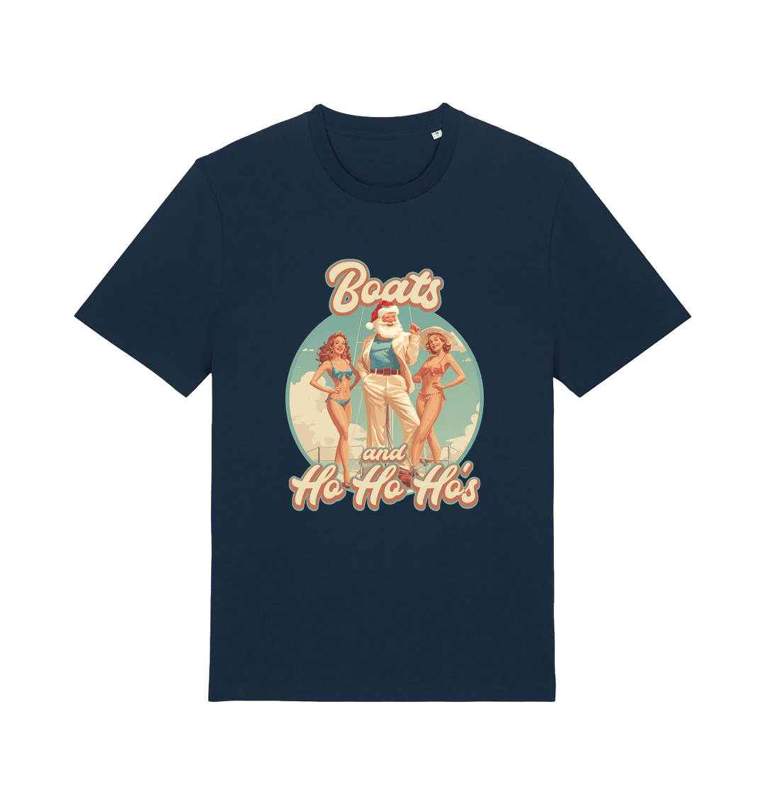 navy christmas t-shirt with the graphic of santa stood between two women and the slogan 'oats and ho ho ho's'