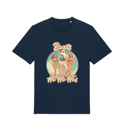 navy christmas t-shirt with the graphic of santa stood between two women and the slogan 'oats and ho ho ho's'