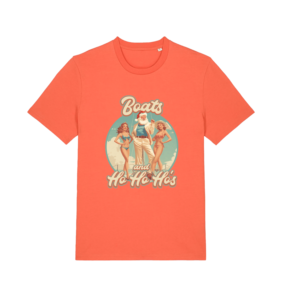 orange christmas t-shirt with the graphic of santa stood between two women and the slogan 'oats and ho ho ho's'