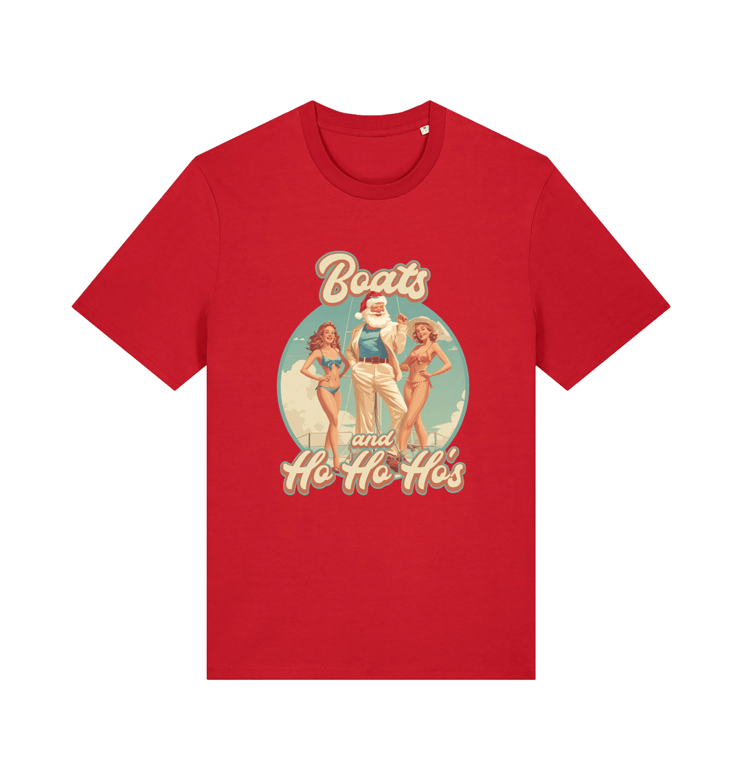 red christmas t-shirt with the graphic of santa stood between two women and the slogan 'oats and ho ho ho's'