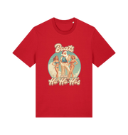 red christmas t-shirt with the graphic of santa stood between two women and the slogan 'oats and ho ho ho's'