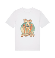 white christmas t-shirt with the graphic of santa stood between two women and the slogan 'oats and ho ho ho's'