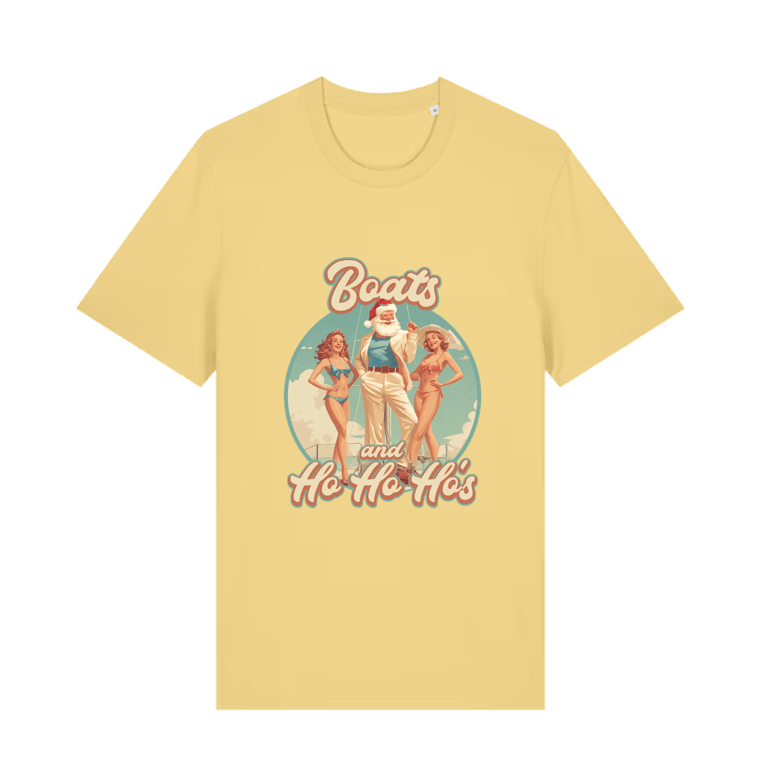 yellow christmas t-shirt with the graphic of santa stood between two women and the slogan 'oats and ho ho ho's'