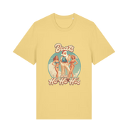 yellow christmas t-shirt with the graphic of santa stood between two women and the slogan 'oats and ho ho ho's'