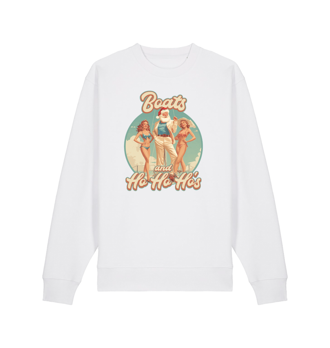 white christmas sweater with the graphic of santa stood between two women and the slogan 'boats and ho ho ho's'