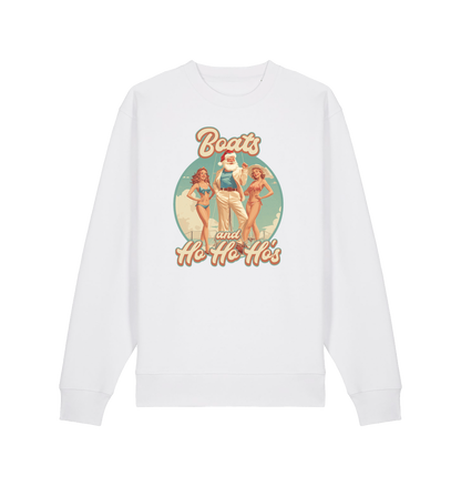 white christmas sweater with the graphic of santa stood between two women and the slogan 'boats and ho ho ho's'