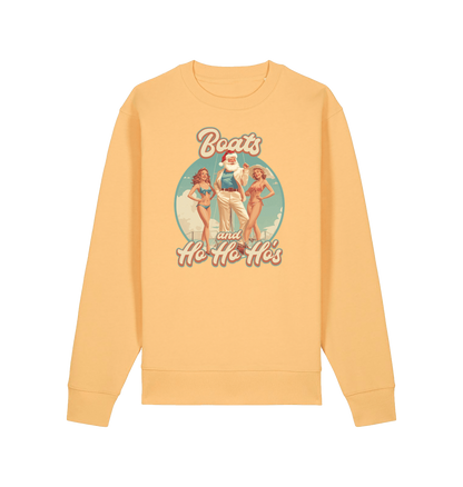 yellow christmas sweater with the graphic of santa stood between two women and the slogan 'boats and ho ho ho's'