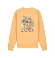 yellow christmas sweater with the graphic of santa stood between two women and the slogan 'boats and ho ho ho's'