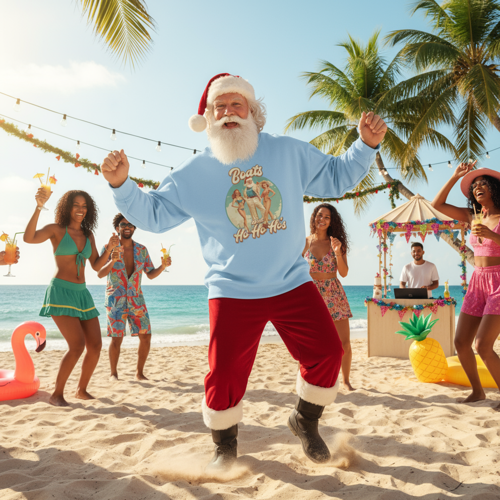 Man dressed as Santa Claus dancing on a beach with people in swimsuits and summer attire.