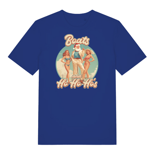 blue santa t-shirt with the graphic of santa in between two pin up ladies and the slogan 'boats and ho ho ho's'