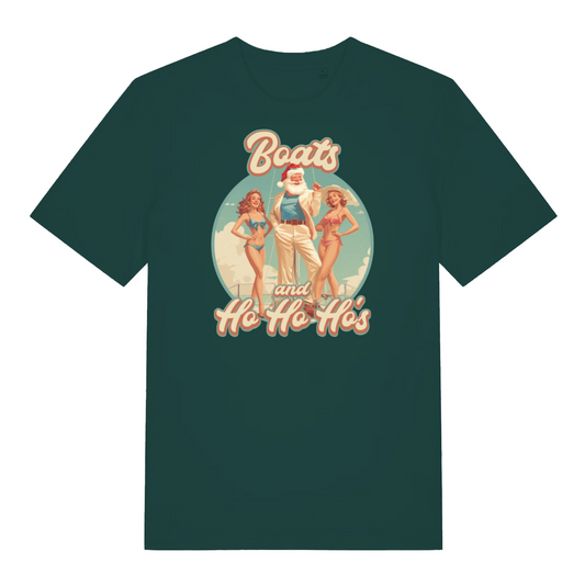 green santa t-shirt with the graphic of santa in between two pin up ladies and the slogan 'boats and ho ho ho's'