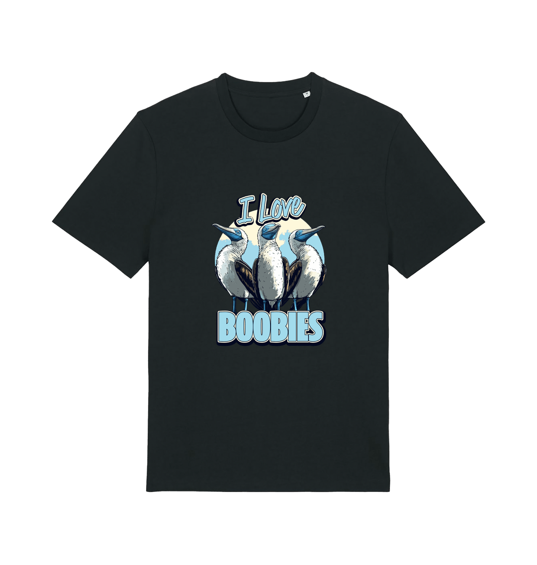black funny animal t-shirt with graphic of sea birds and the text 'i love boobies' 