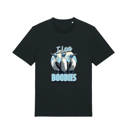 black funny animal t-shirt with graphic of sea birds and the text 'i love boobies' 