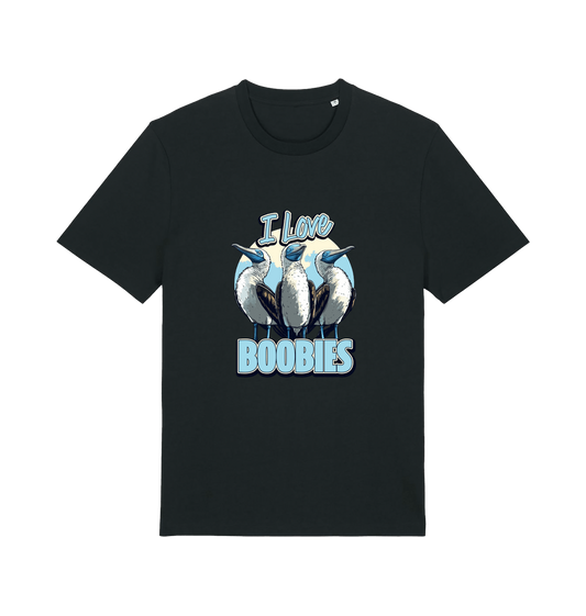 black funny animal t-shirt with graphic of sea birds and the text 'i love boobies' 