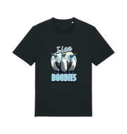 black funny animal t-shirt with graphic of sea birds and the text 'i love boobies' 