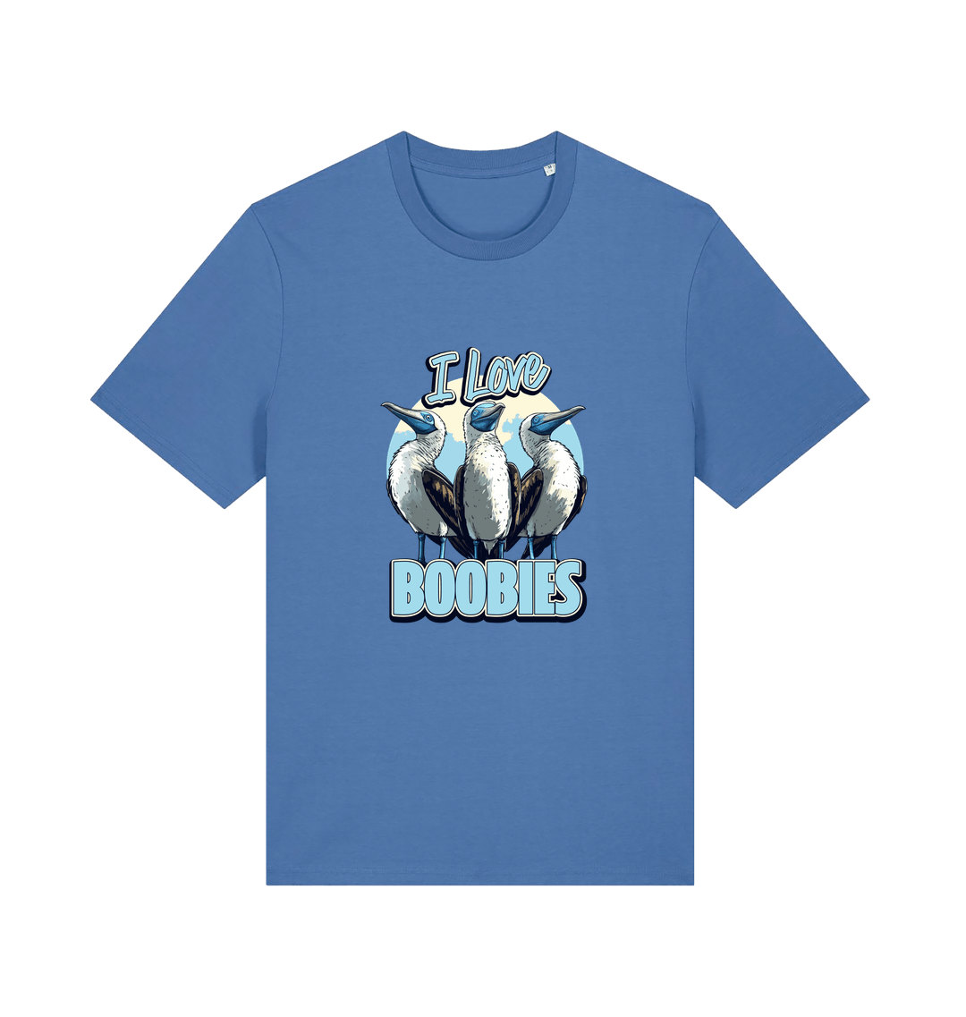 blue funny animal t-shirt with graphic of sea birds and the text 'i love boobies' 