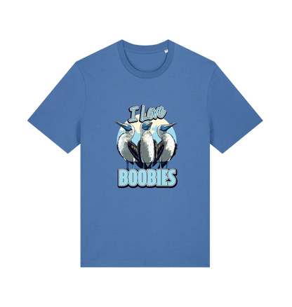 blue funny animal t-shirt with graphic of sea birds and the text 'i love boobies' 
