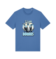 blue funny animal t-shirt with graphic of sea birds and the text 'i love boobies' 