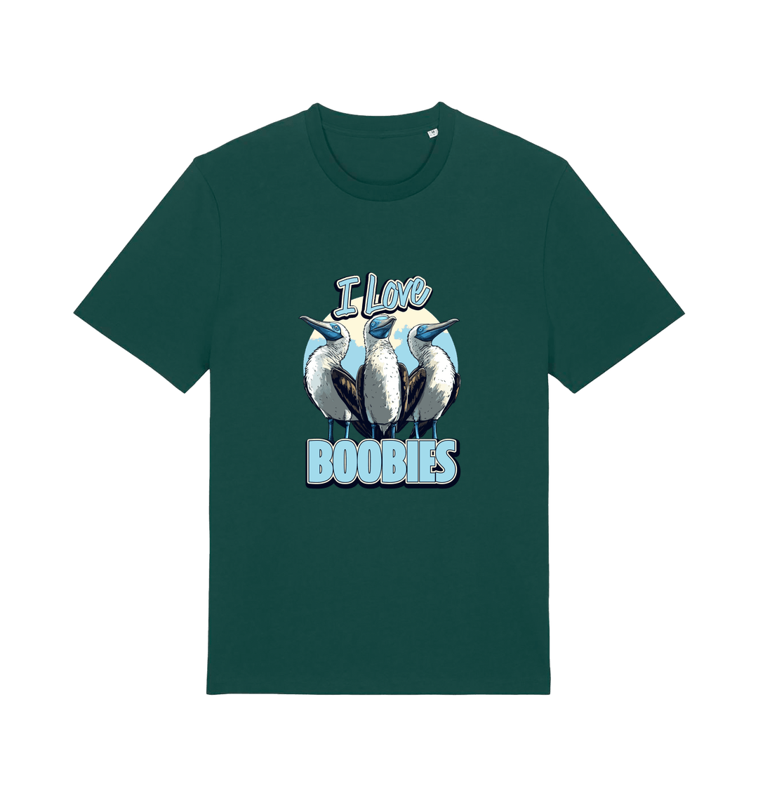 green funny animal t-shirt with graphic of sea birds and the text 'i love boobies' 