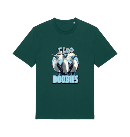 green funny animal t-shirt with graphic of sea birds and the text 'i love boobies' 